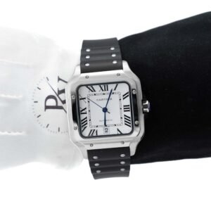 Cartier Santos Acero, Correa de Caucho, Caratula Blanca.